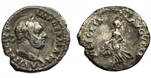 212 - IMPERIO ROMANO. VITELIO. Denario. Tarraco (69 d.C.). A/ Cabeza laureada a der.; A VITELLIVS IMP GERMAN. R/ Victoria avanzando a izq. con escudo; VICTORIA AVGVSTI. AR 2,94 g. 18 mm. RIC-62. Limpiada mecánicamente. BC+.