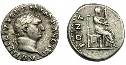213 - IMPERIO ROMANO. VITELIO. Denario. Roma (69 d.C.). A/ Cabeza laureada a der.; A VITELLIVS GERM IMP AVG TR P. R/ Vesta entronizada a der. con cetro y pátera; PONT-(MA)XIM. AR 3,31 g. 16,7 mm. RIC-107. MBC/MBC-.