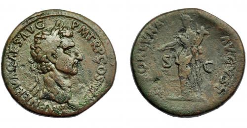 243 - IMPERIO ROMANO. NERVA. Sestercio. Roma (97 d.C.). A/ Cabeza laureada a der.; IMP NERVA CAES AVG P M TR P COS (III). R/ Fortuna a izq. con timón y cornucopia, S-C; (F)ORTVNA AVGVST. AE 27,51 g. 34 mm. RIC-60. Pátina oscura. MBC-/BC+.