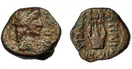 25 - HISPANIA ANTIGUA. CARTEIA. Semis. A/ Cabeza de Apolo a der., delante EX D D. R/ Lira, a der. L ATINI, a izq. C NVCIA, debajo IIII VIR. AE 5,68 g. 19,4 mm. I-679. APRH-115. ACIP-2607. Pátina marrón. BC/MBC-. Muy escasa.