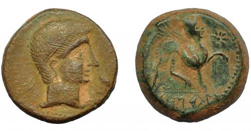 28 - HISPANIA ANTIGUA. CASTULO. As. A/ Cabeza masculina a der. R/ Esfinge avanzando a der., delante estrella, en exergo KaSTiLO. AE 15,45 g. 25,8 mm. I-707. ACIP-2126. Pátina verde en rev. MBC/MBC-.