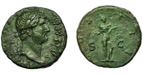 292 - IMPERIO ROMANO. ADRIANO. As. Roma (126-127). A/ Cabeza laureada a der. R/ Salus a der. con pátera y serpiente; COS III, S-C. AE 10,42 g. 20 mm. RIC-881. Pátina verde oscuro rugosa. MBC/MBC-.
