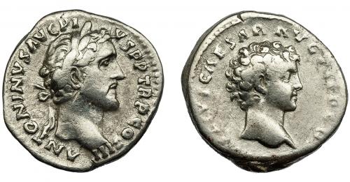 303 - IMPERIO ROMANO. ANTONINO PÍO Y MARCO AURELIO. Denario. Roma (141). A/ Cabeza de Antonino Pío a der.; ANTONINVS AVG PIVS P P TR P COS III. R/ Cabeza de Marco Aurelio a der.; (AVRELI)VS CAESAR AVG PII F COS. AR 3,17 g. 16,9 mm. RIC-417A. MBC-.