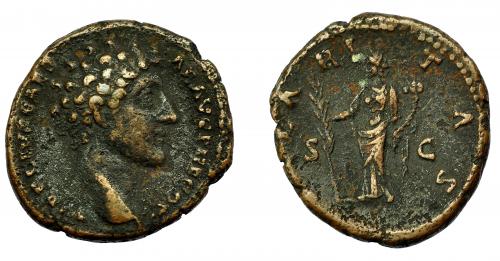 313 - IMPERIO ROMANO. MARCO AURELIO (bajo Antonino Pío). As. Roma (145). R/ Hilaritas a izq. con palma y cornucopia; (HI)LARITAS, S-C. AE 10,91 g. 18,5 mm. RIC-1260. Pátina oscura. MBC-/MBC.