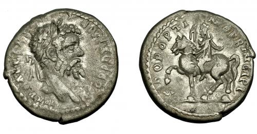 328 - IMPERIO ROMANO. SEPTIMIO SEVERO. Denario. Emisa (194-195). A/ Cabeza laureada a der. R/ El emperador a caballo a izq.; SPQR OPTIMO PRINCIPI. AR 3,35 g. 17,2 mm. RIC-415. MBC-/MBC.