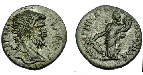 329 - IMPERIO ROMANO. SEPTIMIO SEVERO. AE-22. Antioquía (193-211). R/ Tyché a izq. con timón y cornucopia; (ANTIOCHIA) COLONIAE. Vano en anv. Pátina oscura. MBC+/MBC.
