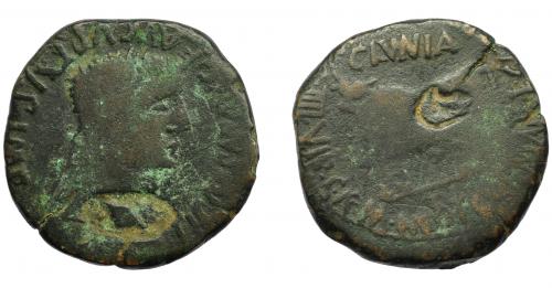 33   -  HISPANIA ANTIGUA. CLUNIA. Tiberio. As. Resello de jabalí en anv. y cabeza de jabalí en rev. AE 11,85 g. 29,4 mm. I-838. APRH-454. ACIP-3174. El resello MBC-, la moneda BC.