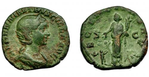 347 - IMPERIO ROMANO. HERENIA ETRUSCILA (bajo Trajano Decio). Sestercio. Roma (249-251). R/ Fecunditas a izq. con cornucopia y delante niño, S-C; FEC(VNDITA)S A(VG). AE 15,5 g. 27,9 mm. RIC-134. Pátina verde con pequeñas concreciones. MBC-.
