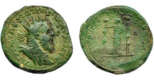 357 - IMPERIO ROMANO. PÓSTUMO. Sestercio. Lugdunum (260-269). A/ Busto radiado y drapeado a der.; IMP C M CASS LAT POSTVMVS P F AVG. R/ Fides a izq. con dos signa; FIDES MILITVM. AE 20,04 g. 29,8 mm. RIC-123. Pátina verde con erosiones. BC+/BC. Escasa.
