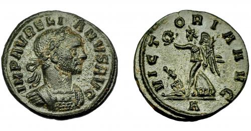 362 - IMPERIO ROMANO. AURELIANO. Denario. Roma (270-275). A/ Busto laureado y acorazado a der. R/ Victoria avanzando a izq. con corona y palma, a sus pies cautivo; VICTORIA AVG. AR 2,24 g. 18,9 mm. RIC-73. Pátina oscura. MBC/EBC-.