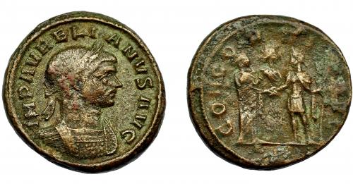 363 - IMPERIO ROMANO. AURELIANO. As. Roma (270-275). A/ Busto laureado y acorazado a der.; IMP AVRELIANVS AVG. R/ El emperador y la emperatriz dándose las manos, encima busto del sol; CONCOR(DIA AVG). AE 9,64 g. 15 mm. RIC-80. Porosidades. MBC-/BC+.
