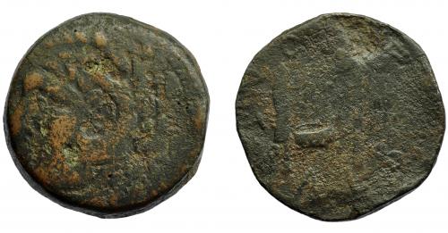 39 - HISPANIA ANTIGUA. GADIR. Sestercio. A/ Cabeza de Melkart con leonté y clava a izq. R/ Instrumentos pontificales; PONT BALB(VS). AE 45,55 g. 36,7 mm. I-1365. APRH-85a. ACIP-3315. Pátina oscura. RC/BC-. Rara.