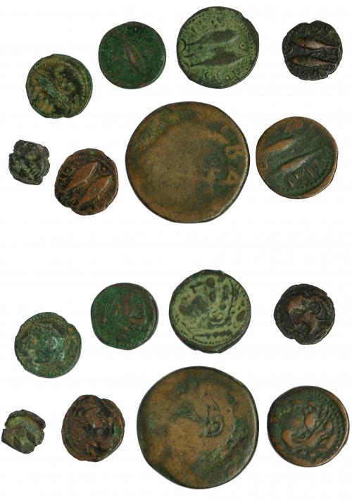 4 - HISPANIA ANTIGUA. GADIR. Lote de 8 monedas: sestercio (1), unidad (1), mitad (4) cuarto (1). De RC a MBC.