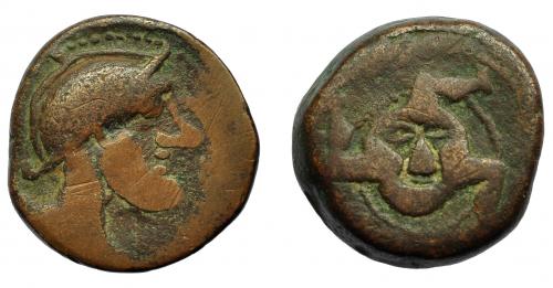 40 - HISPANIA ANTIGUA. FLORENTIA-ILIBERIR. As. A/ Cabeza con casco a der. R/ Triquetra, ley. no visible. AE 19,18 g. 27,4 mm. I-1504? ACIP-2286? BC+/MBC-.