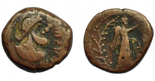 41 - HISPANIA ANTIGUA. FLORENTIA-ILIBERIR. As. A/ Cabeza con casco a der., alrededor ILTuRIR. R/ Victoria a der. con palma y escudo, detrás palma. AE 8,31 g. 20,5 mm. I-1507. ACIP-2290. MBC-. Rara.