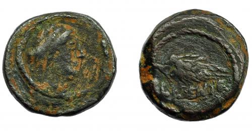 46 - HISPANIA ANTIGUA. ILIPA. Semis. A/ Cabeza femenina con tocado a der. R/ Palma a der., debajo ILIPENSE. AE 7,37 g. 20,5 mm. I-1543. ACIP-2342. Pátina verde oscuro. BC+. Rara.