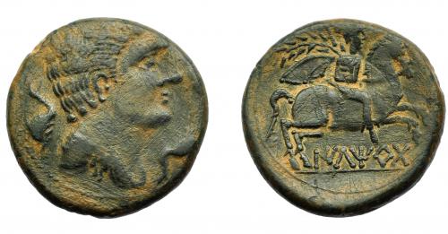 47 - HISPANIA ANTIGUA. ILTIRTA. Unidad. A/ Cabeza masculina a der., alrededor tres delfines. R/ Jinete con palma y clámide a der., debajo sobre línea ILTiRTa. AE 14,73 g. 20 mm. I-1465. ACIP-1251. Múltiples rayitas. Pátina oscura. MBC.