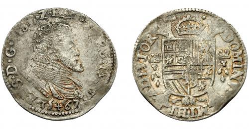 472 - FELIPE II. 1/5 de escudo. 1567. Hasselt (Limburgo). Vanhoudt-271.HS. Pequeños vanos. MBC+.