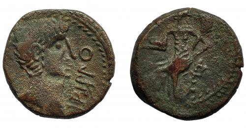 48 - HISPANIA ANTIGUA. IRIPPO. Semis. A/ Cabeza masculina a der., delante IRIPPO. R/ Figura femenina sentada a izq. con piña y cornucopia, alrededor láurea. AE 6,74 g. 21 mm. I-1581. ACIP-2627. Pátina oscura. MBC-MBC-.