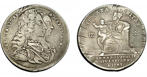 505 - CARLOS III. Piastra. 1747. Nápoles. Estuvo colgada. Rayas de ajuste. MIR-335.1. MBC-.