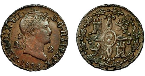 524 - FERNANDO VII. 2 maravedís. 1825. Segovia. Error en ley. HSIP. VI-141 vte. ley. Acuñación floja en el escudete de Borbones. MBC. Rara.