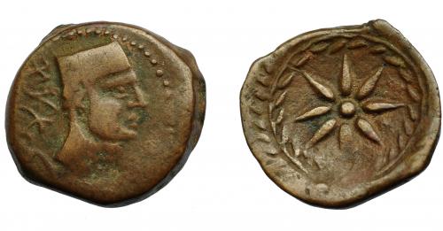 53 - HISPANIA ANTIGUA. MALAKA. Unidad. A/ Cabeza masculina con gorro cilíndrico a der., detrás tenazas y ley. mlk´. R/ Estrella de ocho rayos, alrededor láurea. AE 5,8 g. 21 mm. I-1733. ACIP-800. MBC-/MBC.