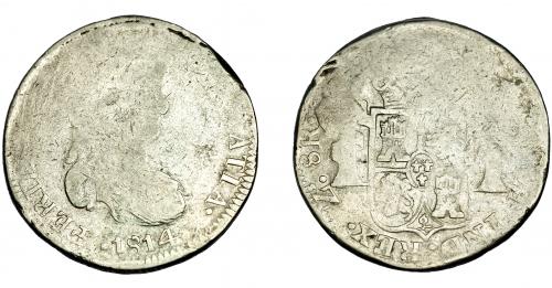 535 - FERNANDO VII. 8 reales. 1814. Zacatecas (?). VI-1200 o 1201. Amplios vanos. BC+/MBC- para esta serie.