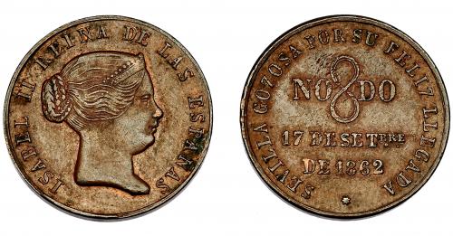546 - ISABEL II. Medalla visita real a Sevilla. 1862. AE 23 mm. MPN-733. Leve oxidación. EBC-.