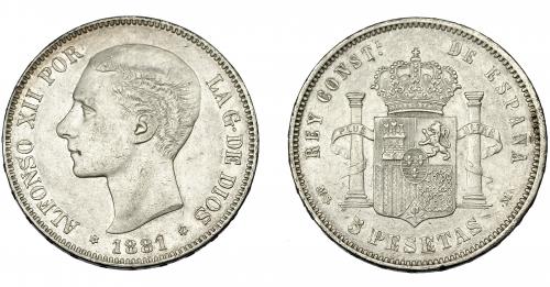 559 - ALFONSO XII. 5 pesetas 1881 *18-81. Segunda estrella parcialmente visible. Madrid. MSM. VII-87. MBC+/EBC-.
