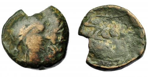 56 - HISPANIA ANTIGUA. OBULCO. As. A/ Cabeza femenina con moño a der. R/ Arado y espiga a der., debajo (OBVLCO). AE 20,18 g. 28 mm. I-NO. ACIP-2179. Falta fragmento. BC-. Rarísima.