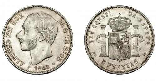 560 - ALFONSO XII. 5 pesetas 1882 *18-82. Madrid. MSM. VII-88. Golpe en canto. MBC+/MBC+.