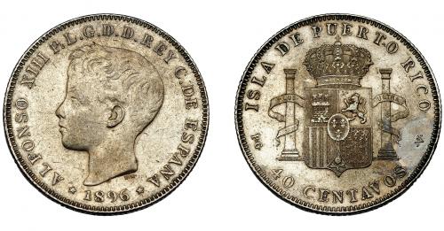 566 - ALFONSO XIII. 40 centavos de peso. 1896. Puerto Rico. PGV. VII-176. MBC-/MBC.