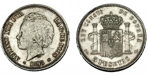 567 - ALFONSO XIII. 5 pesetas. 1893 *18-93. Madrid. PGL. VII-185. Pequeñas marcas. EBC/EBC-.