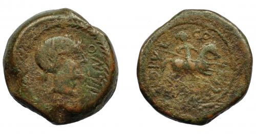 58 - HISPANIA ANTIGUA. OBULCO. Unidad. A/ Cabeza femenina con moño a der., delante ILNO, todo dentro de láurea. R/ Jinete lancero a der., alrededor OBVL-CO, NAE AL. AE 5,77 G. 23,5 mm. I-1829. ACIP-2183. BC+. Rara.