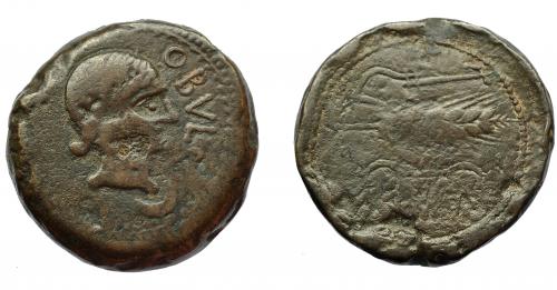 59 - HISPANIA ANTIGUA. OBULCO. As sextantal. A/ Cabeza femenina con moño a der., debajo creciente, delante OBL(CO). R/ Arado, espiga y yugo, debajo IBoLKa. AE 54,14 g. 40, 5 mm. I-1778. ACIP-2184. Defectos de cospel. Pátina oscura. BC+.