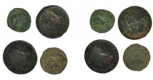 6 - HISPANIA ANTIGUA. Lote de 4 monedas: 1 dupondio de Colonia Patricia, 1 dupondio de Colonia Romula, un as de Colonia Caesar Augusta y un semis de Castulo. De BC+ a MBC.
