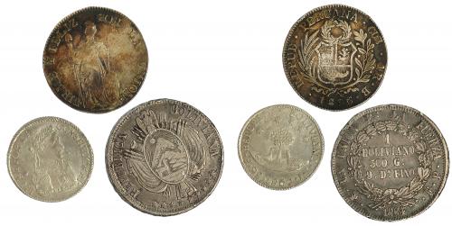 626   -  MONEDAS EXTRANJERAS. Lote de 3 piezas: Bolivia (1 boliviano de 1864 y 2 soles de 1830) y Perú (4 reales de 1836). MBC-/MBC+.