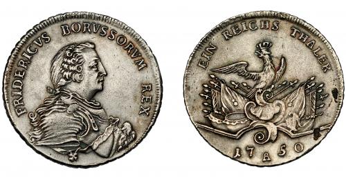 636 - MONEDAS EXTRANJERAS. ALEMANIA Y ESTADOS ALEMANES. Prusia. Federico. Tálero 1750. Berlín. AR 21,86 g. Dav-2582. Dos limaduras en canto. Hojitas en rev. MBC+-