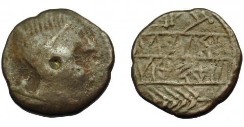 64 - HISPANIA ANTIGUA. OBULCO. As. A/ Cabeza femenina con moño a der., delante OBVLCO. R/ Arado y espiga a izq., debajo entre líneas URKaILTu/NESELTuKo, signo E en forma circular. AE 8,28 g. 24,5 mm. I-1789 vte. ACIP-2195. Punzón en anv. RC/BC. Muy rara.