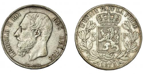 646   -  MONEDAS EXTRANJERAS. BÉLGICA. Leopoldo II. 5 francos. Bruselas. 1873. KM-24. MBC-/MBC.