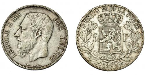 646 - MONEDAS EXTRANJERAS. BÉLGICA. Leopoldo II. 5 francos. Bruselas. 1873. KM-24. MBC-/MBC.