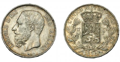 647 - MONEDAS EXTRANJERAS. BÉLGICA. Leopoldo II. 5 francos. Bruselas. 1875. KM-24. Golpe en canto. MBC+.