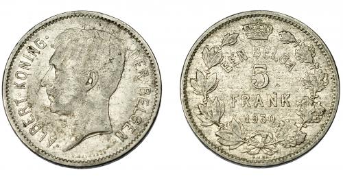 648 - MONEDAS EXTRANJERAS. BÉLGICA. Alberto I. 5 francos. 1930. KM-no. MBC-/MBC.