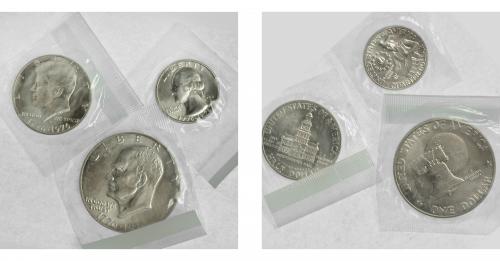 665 - MONEDAS EXTRANJERAS. ESTADOS UNIDOS DE AMÉRICA. Lote de 3 piezas. 1/4, 1/2 y 1 Dólar. 1976-S. San Francisco. Bicentenario Independencia. En presentación original. KM-204a, 205a, 206a. SC.