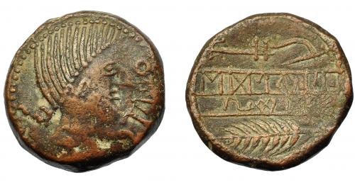 67 - HISPANIA ANTIGUA. OBULCO. As. A/ Cabeza femenina con moño a der., delante OBVLCO. R/ Arado y espiga a izq., debajo entre líneas TiKuEKi/BoTiLKoS. AE 17,97 g. 28 mm. I-1793. ACIP-2203. MBC-/MBC. Muy escasa.
