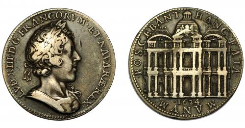 675 - MONEDAS EXTRANJERAS. FRANCIA. Luis XIII. Medalla. 1624. Ampliación del Museo del Louvre. AR 32 mm. Golpecito en anv. MBC.