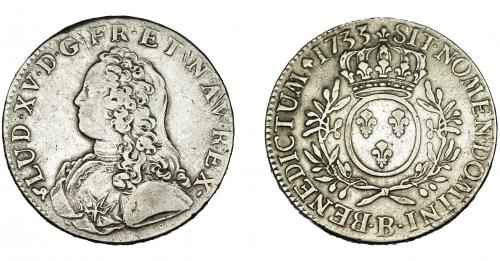 679 - MONEDAS EXTRANJERAS. FRANCIA. Luis XV. Écu. 1733. Rouen. B. KM-486.3. MBC-/MBC.
