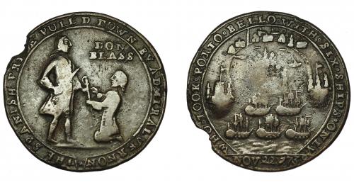 690   -  MONEDAS EXTRANJERAS. GRAN BRETAÑA. Medalla Vernon. Toma de Portobello. 1739. "Don Blass" arrodillado. AE 27,5 mm. Falta fragmento. BC+.