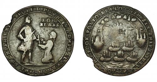 690 - MONEDAS EXTRANJERAS. GRAN BRETAÑA. Medalla Vernon. Toma de Portobello. 1739. "Don Blass" arrodillado. AE 27,5 mm. Falta fragmento. BC+.