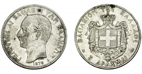 697 - MONEDAS EXTRANJERAS. GRECIA. 5 dracmas. 1875 A. KM-46. Manchitas de óxido. MBC.